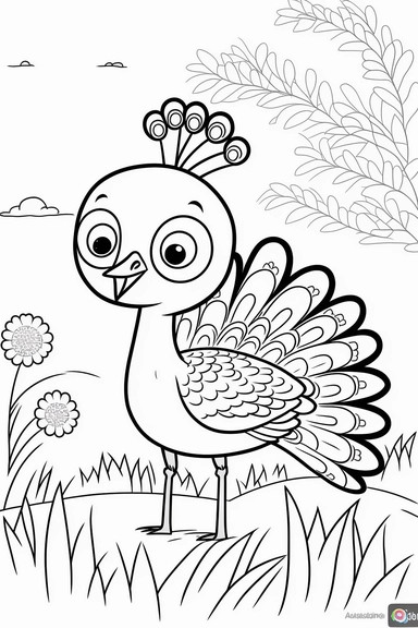 a cute and happy peacock in grasslands, black and white clipart for a kids coloring page, simple and clean, thin line art, accurate features, proportionally sized, illustration style,
