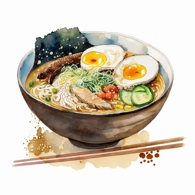 an bowl of japanese ramen, anime art, authentic ramen, watercolor, white background, clipart