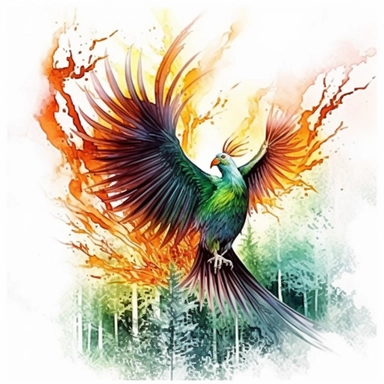 high level watercolor, hyper realistic, white background with margins, 8k, ultra detailed clipart, large, futuristic, A majestic phoenix soaring through a forest clearing, its vibrant feathers leaving a trail of fire and embers against the twilight sky, cool, fairy, dark of green