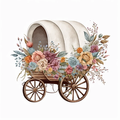 Floral Boho Wagon Buggy,Clipart, colorful, white background