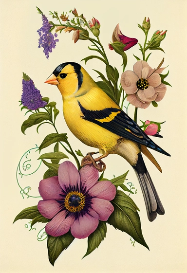 Flower Clipart American Goldfinch Botanical Illustration Art