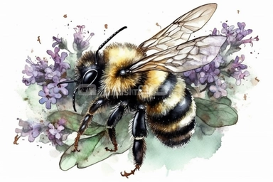 Aquarelle Bumble Bee Clipart on thyme flower, detailed painting, white background, single design, isolated white background, 8k, spaced out
