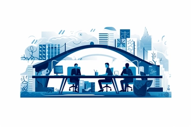 clipart, digital mood, blue color mood, on the left side working desk with 3 guys working on a project, and on the right one person sitting on a desk waiting for the results. The desks should be connected with a digital bridge