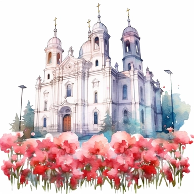 wedding day catholic white church surrounded by peonies, watercolor clipart, pure white background, sharp details and ultra HD