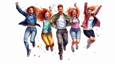 Happy jumping office workers, Cheerful corporate employees, Young male and female students in casual clothes isolated clipart. Diverse group of people. watercolor style illustration, vibrant,