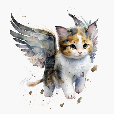calico kitten with angel wings flying, cute, watercolor, white background, clipart
