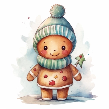 a cute watercolour gingerbread with an happy face and a christmas beanie on drawed in soft colours aquarell cartoon clip art