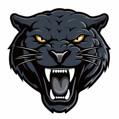 2d, flat, sports team logo style, clipart, front of face, panther, black with teeth, white background, no highlights, not a tiger