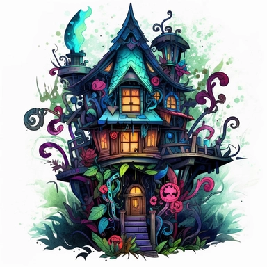 A captivating 2D clipart of a gothic-inspired colorful fantasy steampunk hut nestled in a lush jungle, created in a watercolor paper art style. The hut features intricate steampunk details, such as gears, pipes, and clockwork elements, all depicted with vibrant watercolor textures,Captivating, gothic, colorful, fantasy, steampunk, watercolor, paper art, hut, jungle, 2D clipart,Dark and atmospheric, with expressive brushstrokes and intricate details,A rich and moody color palette, combining deep 