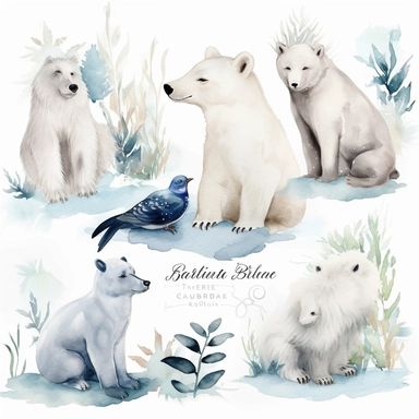 Create a captivating collection of ultra-detailed watercolor clipart, capturing the enchanting beauty of winter in the Arctic. The clipart should feature a variety of winter elements, including snowflakes, icy landscapes, and frosty foliage, combined with the majestic presence of Arctic animals like penguins, arctic foxes, and bears. Utilize the watercolor technique to infuse the illustrations with soft, cool tones, and delicate textures, evoking the serene and magical atmosphere of the Arctic. 