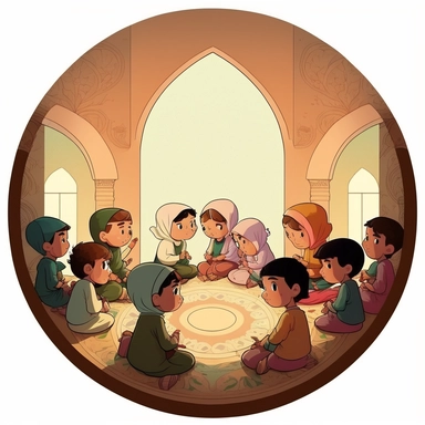 Two Syrian children, sitting in a circle for memorizing the Qur’an inside the mosque with a group of children, detailed photo, Cartoon character, clipart drawing, clipart image, high definition drawing, clean colors, balanced colors, detailed drawing,