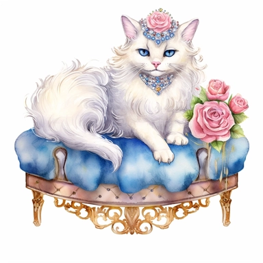 make a clipart of watercolor fairytale white fluffy princess cat with a gold crown with gemstones and blue eyes, laying on a blue victorian foot stool, and roses, rococo, shabby chic