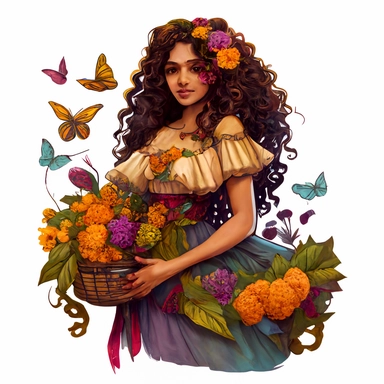 a gorgeous Indian woman, curly hair with ruffles, big basket with flowers in her hand, Leonardo Da Vinci style, luxury, chain of flowers in the background, butterflies, dandelions, vibrant colors, dressed in several dresses, white background, clipart