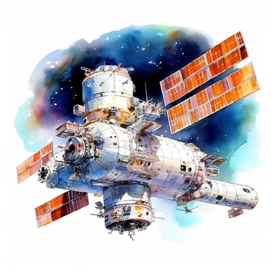 watercolor .universe. space station. clipart. white background