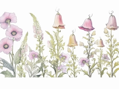 Clip art set.Graceful Whispers: Foxgloves, Bellflowers, and Evening Primroses. Soft, Gentle, color pallete. perfect for adding a whimsical and romantic touch to invitations, stationery, and more, vector, contour, white background, clipart set, spaced out