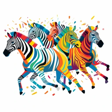 group of cute zebras, running freely in the open plains, bold colors, clipart, on a white background