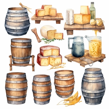 Watercolor cheesemaking items, illustrations clipart set, simple, soft colors, cartoon elements, different variants, cheese from around the world, wooden elemnts, jug, barrel, cheese molds, separate elements with a margin