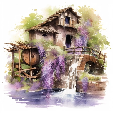 Wisteria Watermill - A captivating piece from the Whimsical Botanical Dwellings collection, this watercolor clipart illustrates a charming watermill adorned with Orchid Elegance wisteria flowers and Fern Green leaves. The flowing water is suggested by ribbons of Sky Azure. The Wisteria Watermill, with its cascading purple blooms and the rustic Earth Brown mill structure, stands out vividly against the white background, adding a sense of movement and tranquility to the collection.