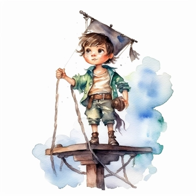 Cute little pirate boy standing on his pirate ship watercolor Clipart