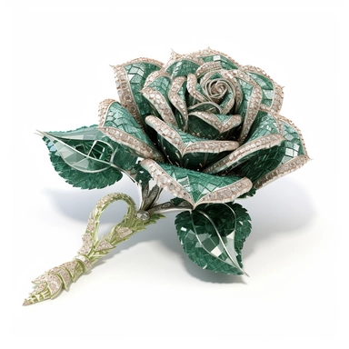 clipart of a realistic rendering of acrimson rose made out of pure diamond and emerald on a white background, in the style of extremely detailed, mineral, expensive, 8k