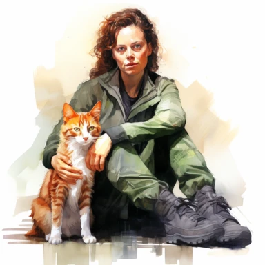 Sigourney Weaver like Ripley with Jonesy ginger cat, full length, character from movie Alien, watercolor painting, cinematic lighting, clipart, white background
