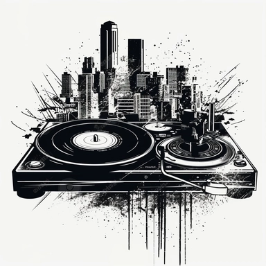 black and white t-shirt designs for Dj Bojkot vector sample with turntable , vinyl records, Los Angeles California backgrund white transparent clipart svg png cut