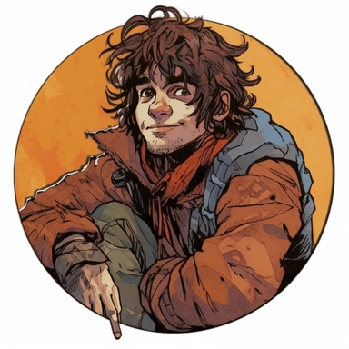 A circular tondo depicting a Dungeons & Dragons character lightly-armored halfling hobbit weathered grungy hobo badass survivalist ranger warrior, Mike Allred Josh Kirby Mad Max Lord of the Rings, handpainted retrowave, clipart illustration, circle solid background