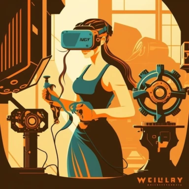 vr headset, virtual reality, industrial worker, poster, goddess in vr gogle, repairing machine, simplistic, abstract, vector, 2d illustration, clipart, few colors, industrial