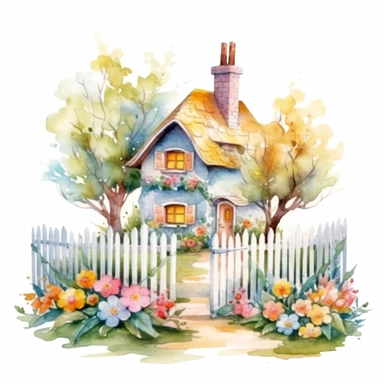 clipart, isolated on white background, beautiful cute Watercolor Spring Cottage - cute little house with fence and chimney, tree and flowers, ornated, pastel colors
