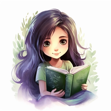a happy young girl with green eyes, black dark hair, longe loose hair, green eyes, a purple dress, closing a book. Watercolor Clipart, strybk, full Illustration, 4k, sharp focus, watercolor, smooth soft skin, symmetrical, soft lighting, detailed face, concept art, muted colors, watercolor style, strybk, children's style fairy tales, chibi kawaii, . Octane rendering, 3d. Perfect face, detailed face, delicate face, perfect sharp lips, detailed eyes. Craig Davison, Aubrey Beardsley, Conrad Roset, A