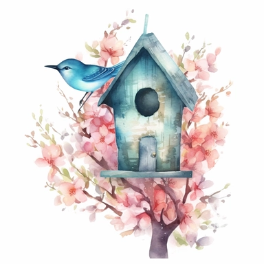 Vector clipart, isolated on white background, beautiful lovely Watercolor Spring wooden bird house hanging on the blue bloming tree, ornated, pastel and saturated colors