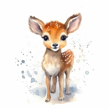 watercolor small cute christmas deer clipart with margins, digital watercolor, for children’s book, design lovely style, cartoon funny, simple watercolor, white clean background