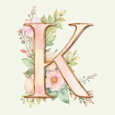 Clipart, Watercolor, Delicate, fine line, Gold Alphabet letter K, with soft pink flowers, pastel colors, hand-draw, texture