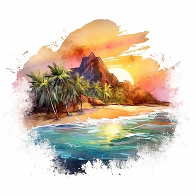 a magical beach between mountains, palm trees, white sand, sunset, broken waves, shipwreck, watercolor, clipart, white background,--v 5