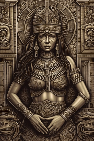 bronze metal finish, intricate detailed black white clip Art line art with shading of statue of hyper feminine muscular Mexican warrior goddess beautiful female with long hair big chest with a giant skeleton, Aztec Calendar, Aztec pyramid, in ancient times, mysterious dark background, cut and paste style, embossed into bronze tablet, hd, 48k,