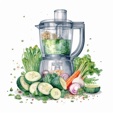 watercolor, hyper realistic, white background, white margins, 16k, ultra detailed clipart, cut out image, hand-drawn illustration style for picture books food processor in pastel green with chopped vegetables and herbs spilling out of it.
