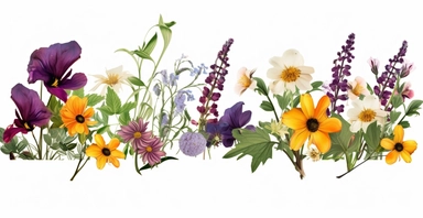 Pressed boho cottagecore floral clipart violet, honeysuckle, black-eyed susan, wild rose and orchids floral border wildflowers with green foliages floral nature garden border, clipart with white background