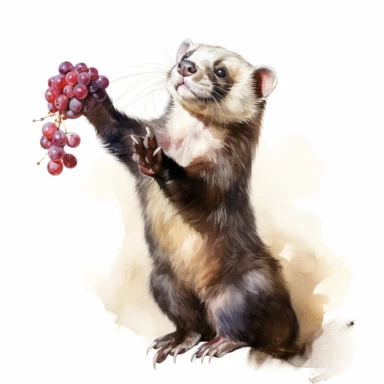 realistic watercolor ferret standing while raising both hands trying to grab a fruit on solid white background, clipart