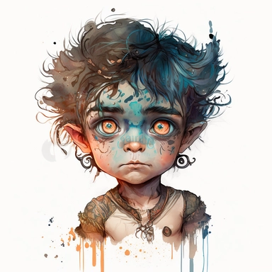 boho little BOY, big eyes, as Disney’s character hades, very detailed and realistic, watercolor, half body , white background with margins, clipart style,