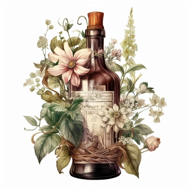 Vintage alcohol bottle with flowers, vines, illustration clipart, high detailed, white background, digital art