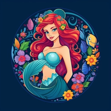 Create a vector clipart that emulates the Disney art style, showcasing a mermaid akin to Ariel from 'The Little Mermaid.' The mermaid should bear a stylish and dynamic design, complete with a vibrant, colorful mermaid tail. An emblem should be woven into the design, retaining harmony with the overall look while maintaining prominence, flowers, fish