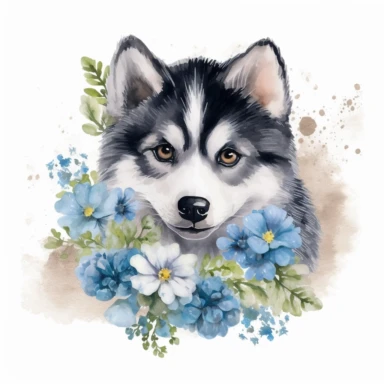 watercolor funny create kawaii marbled black ,silver, teal, chibi Alaskan Malamute with blue eyes forgetmenot flowers with babysbreath clipart, isolated on white background,space out--ar3:2--s1000