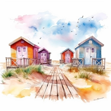 beautiful colored beach huts in holland on the beach watercolor illustration clipart on white background