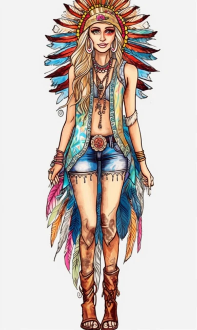woman in standing fashion pose clipart, Bohemian, exotic, blue eyed and blonde haired woman with a colorful indian chief headdress with long feathers on her head, standing fashion pose with cowboy boots, lotus choker, large earings, tattoos, hands in prayer, wearing her heart on her sleeve, watercolor illustration, in th e style of Job ID: 604300f4 - 6984 - 4a9a - aa16 - 00313a985d77 Seed: 1300855054
