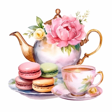 Clipart of set of teapot and cup set in the style of light gold and pink ,decorate with flower serving flowering tea, with a plate of macarons, Watercolor, pastels, clipart, beautiful, colourfull, png transparent white background, high resolution, watercolour, 8k, hyper-realistic, isolated on a white background. q4 s2.