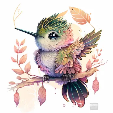 watercolor baby humming bird clipart, full body, chibi, Nursery Art, Nursery Decor, dreamy eyes, magical, high rendering, central focus, scenic background, intricate details, kawaii chibi, by Ross Tran, retro,pink light golden, Cinematic feel, tiger, Tropical,floral, colourfull,