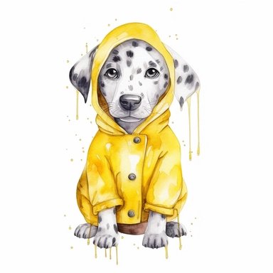 watercolor, cute dalmation puppy wearing a yellow raincoat clipart, on a clean white background