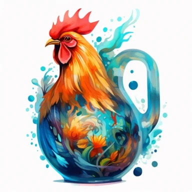 a 3d rooster living inside of a glass cider jug, water color clipart