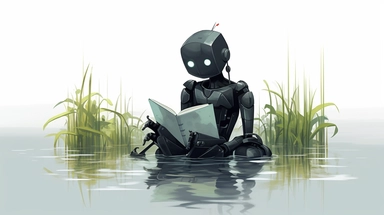 high quality clip art of reading anime robot in swamp, black hair and black suit, white solid color background, cold color palette based blue, Pro freelance, Illustration agency, behance style,
