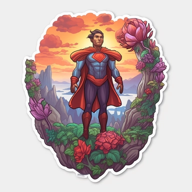 super man, close up, a sticker, artwork of t shirt graphic of majestic forest, in digital painting style , beautiful flowers, sunset mountains and clouds , big vines, stone temple covered in vines, white background, colorful fantasy flower surround, highly detailed clean, vector image, photorealistic masterpiece, professional photography, realistic, flat white background, isometric, vibrant vector, clipart, illustration, realism, 4k, , cinematic, front view, white background, paradise, extremely